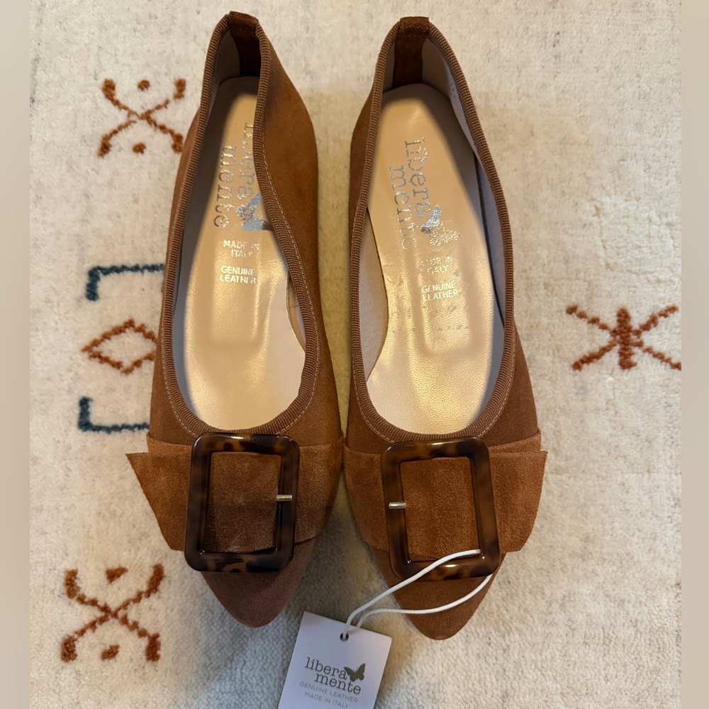 Brown Suede Pointed Toe Flats with Tortoiseshell Buckle